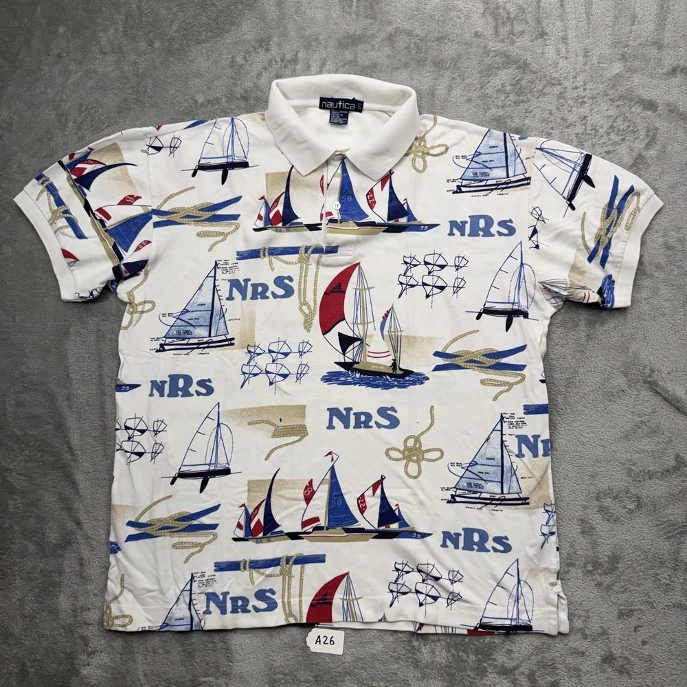 Vintage Nautica Polo Shirt Mens Large Sailboats Rope All Over Print